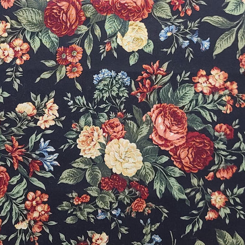 VIP Cranston Print Works - Black Fabric / Red, Cream, Blue, Green Flower Print