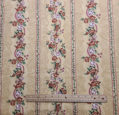 Golden Tan Fabric / Brick Red, Magenta Flower and Vine Border Stripe