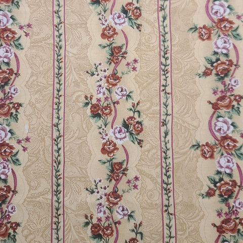 Golden Tan Fabric / Brick Red, Magenta Flower and Vine Border Stripe