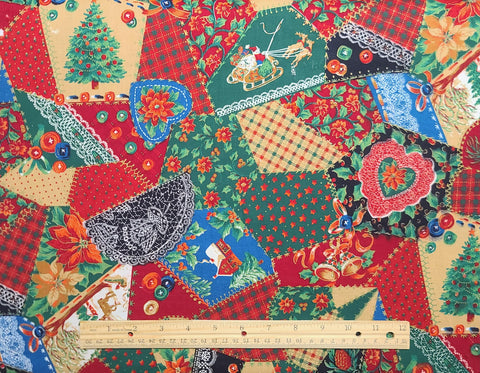 Red, Blue, Green Victorian Christmas Patchwork Print Fabric