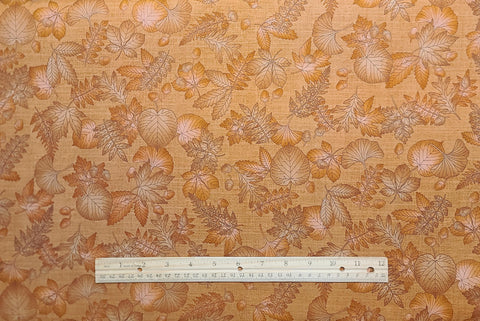 Harvest Reflections 3360-78 Benartex - Gold Tonal Fabric / Orange, Coral, Brown Leaf and Acorn Print