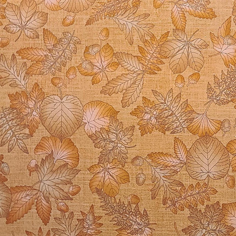 Harvest Reflections 3360-78 Benartex - Gold Tonal Fabric / Orange, Coral, Brown Leaf and Acorn Print