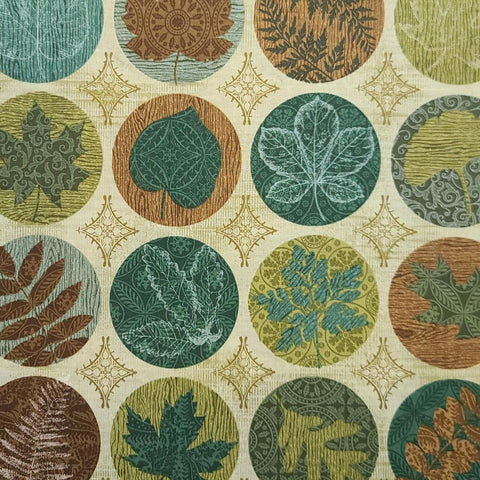 Harvest Reflections 3357-88 Benartex - Cream Fabric / Green Crosshatch Print / Green, Brown Leaf Badges
