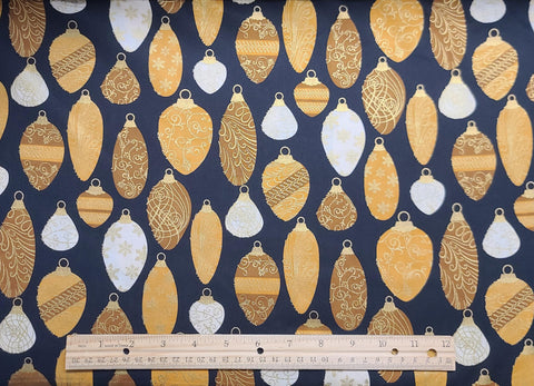 Holiday Renaissance G8573-HG Hoffman International Fabrics - Black Fabric / Gold, Tan, Brown, Cream Ornaments Print / Gold Metallic Accents