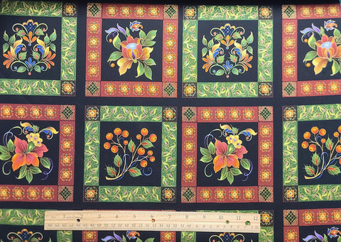 Kiev Metallic M2802BLACK Maureen McNaughton for Elizabeth's Studio - Black Fabric / Green, Red, Blue Floral Block / Gold Metallic Accent