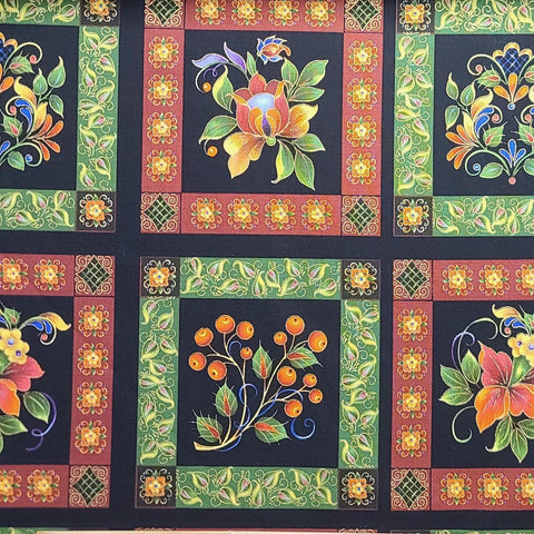 Kiev Metallic M2802BLACK Maureen McNaughton for Elizabeth's Studio - Black Fabric / Green, Red, Blue Floral Block / Gold Metallic Accent