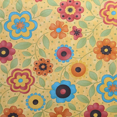 Frolic 17511-13 Daffodil Large Floral Sandy Gervais Moda - Gold Tonal Fabric / Orange, Blue, Green, Red Retro Flower Print