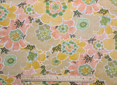 Cassie 3411-33 Silk Road Benartex - White Fabric / Gold, Tan, Green, Coral Retro Flower Print