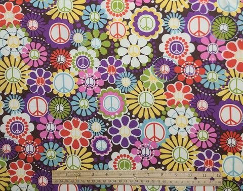 CX4424 Peace Michael Miller Fabrics - Purple, Pink, Red, Green, Aqua Retro Flower, Peace Sign Print Fabric