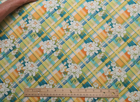 Meadowsweet SH-4232 Peony Plaid by Sandi Henderson for Michael Miller Fabrics - White Fabric / Peony Print / Teal, Orange, Lime Green Plaid