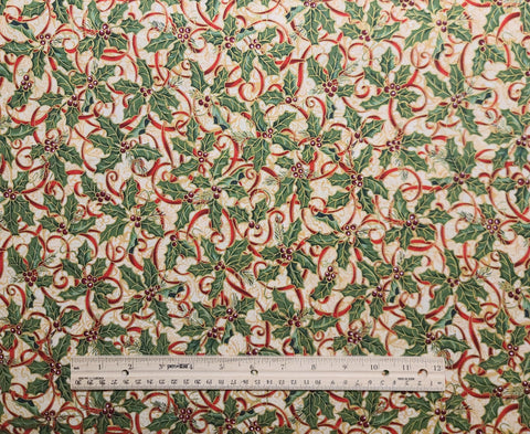 Woodland Spendor 8097 Elizabeth Brown Designs - White Fabric / Packed Holly, Gold and Red Ribbons Print / Gold Metallic Accent