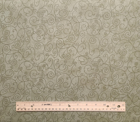 Sage and Olive Tonal 108" WIDE Fabric / Olive-Colored Scroll Print - Selvage to Selvage Print