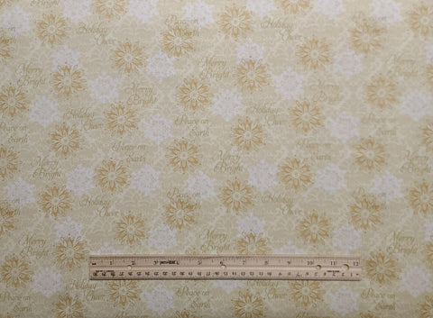 Winter Bliss 3248 Sharla Fults Studio E - Pale Gold Tonal Fabric / White, Gold Snowflake and Holiday Script Print