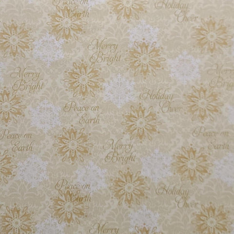 Winter Bliss 3248 Sharla Fults Studio E - Pale Gold Tonal Fabric / White, Gold Snowflake and Holiday Script Print