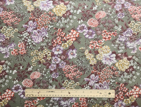 Cranston Print Works - The Cloth Company - Sage COTTON BLEND Fabric / Lavender, Pink, Tan, White Floral Print