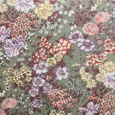 Cranston Print Works - The Cloth Company - Sage COTTON BLEND Fabric / Lavender, Pink, Tan, White Floral Print