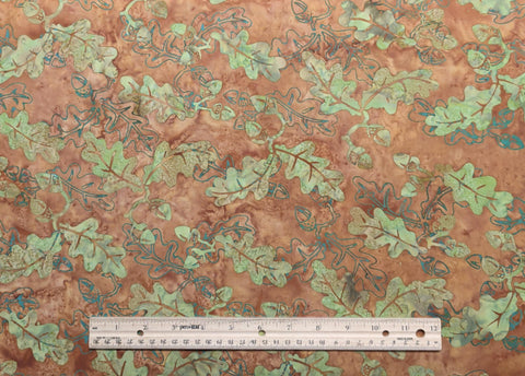 Hoffman California International Fabrics BPN006-66 Autumn 2013 - Brown Tonal Batik Fabric / Green Oak Leaf and Acorn Tjap