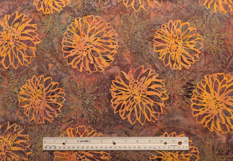 Hoffman California International Fabrics G2215-192 Pumpkin 2014 - Red, Purple, Green Tonal Batik Fabric / Orange, Green Flower Tjap