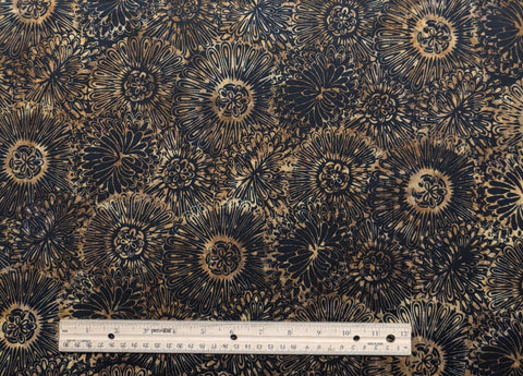 Hoffman California International Fabrics G2219-213 Onyx 2014 - Black, Brown, Tan Packed Flower Tjap Batik Fabric