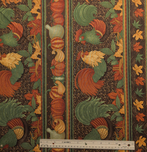 Harvest Roosters 67416-287 Debbie Mumm for Quilt Shops SSI - Brown, Green, Orange, Red Rooster and Pumpkin Leaf Border Stripe Fabric