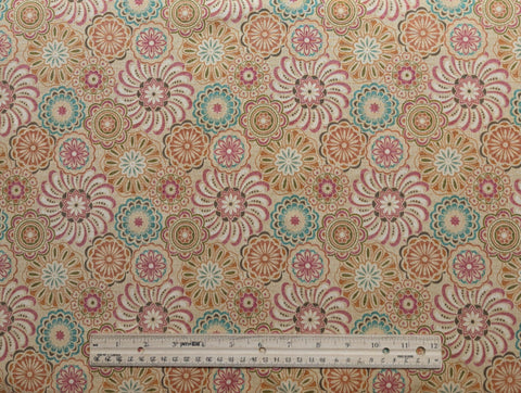 Ravello Toscana Swirl 1689-33 Benartex - Gold Crosshatch Pattern Fabric / Tuse, Teal, Cream, Brown Swirl Medallion Print