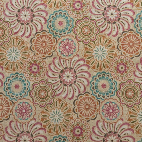 Ravello Toscana Swirl 1689-33 Benartex - Gold Crosshatch Pattern Fabric / Tuse, Teal, Cream, Brown Swirl Medallion Print