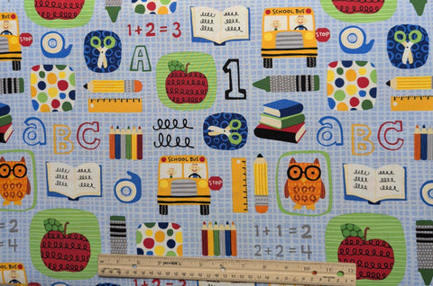 Chalk Talk 6795 Sky Blank Quilting 2012 - Sky Blue Patterned Fabric / Brightly-Colored Elementary School Print