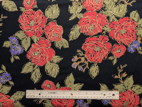 Crazy Red Roses 7935 Maywood Studio - Black Fabric / Red, Purple, Olive Giant Rose Print / Gold Metallic Accents