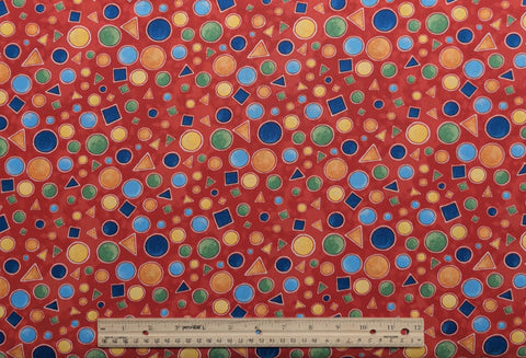 The Cat's Meow 38725-348 Bella Lu Studio SSI - Red Tonal Fabric / Blue, Yellow, Orange, Green, Circle, Square, Triangle Print
