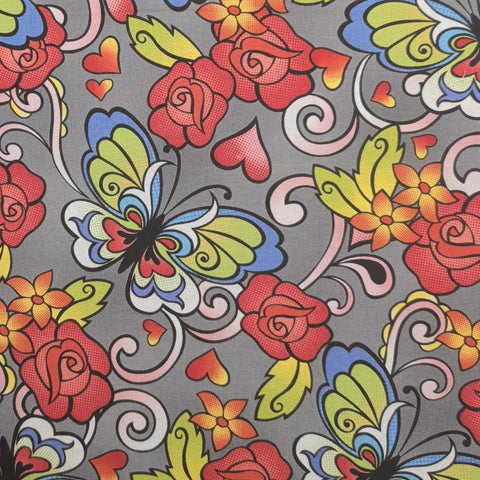 Timeless Treasures Fabrics FUN-C 7661 - Gray Fabric / Red, Blue, Lime Green, White Stylized Rose and Butterfly Print