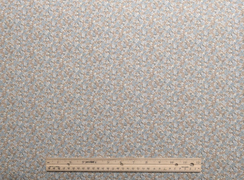 Vintage 44" WIDE White Fabric / Packed Slate Blue and Tan Flower Print - Selvage to Selvage Print
