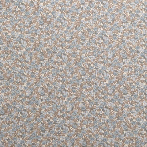 Vintage 44" WIDE White Fabric / Packed Slate Blue and Tan Flower Print - Selvage to Selvage Print