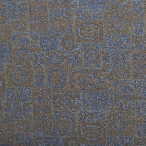 Vintage 37" WIDE Navy Fabric / Brown, Moss "Stained Glass Style" Flower Block Print - Selvage to Selvage Print