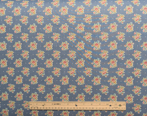 Country Blue Fabric / Pink and Green Tossed Flower Print - Selvage to Selvage Print