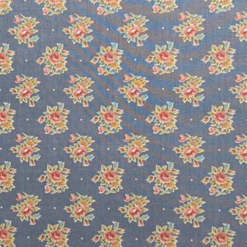 Country Blue Fabric / Pink and Green Tossed Flower Print - Selvage to Selvage Print