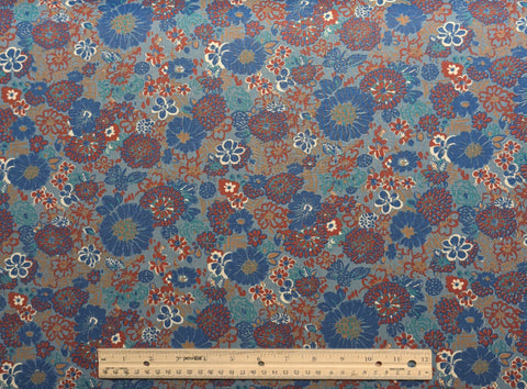 Slate Blue Fabric / Red, White, Blue Teal Tossed Flower Print - Selvage to Selvage Print