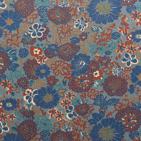Slate Blue Fabric / Red, White, Blue Teal Tossed Flower Print - Selvage to Selvage Print