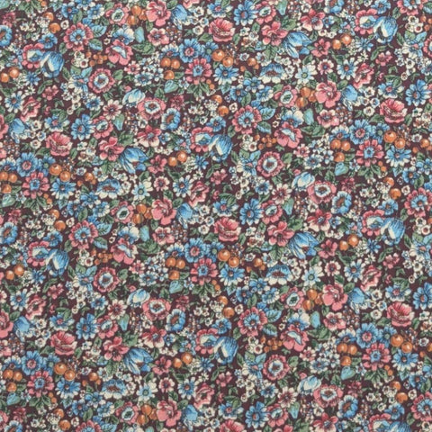 Burgundy Fabric / Blue, Pink, White, Teal Packed Flower Print