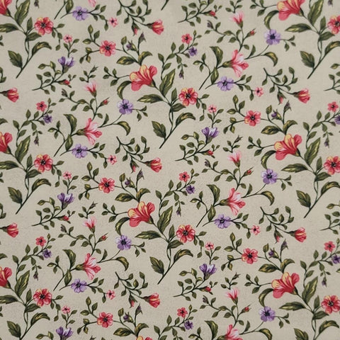 Primrose 8937 by Fabri-Quilt - Cream Fabric / Pink, Lavender, Green Flower and Vine Print