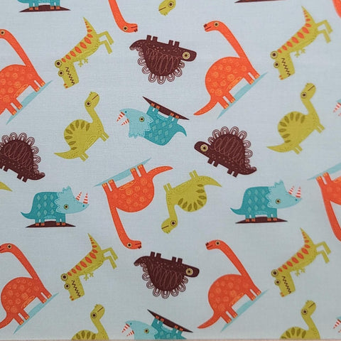 Dinosaur C4162 RBD Designers for Riley Blake Designs 2014 - Pale Aqua Fabric / Aqua, Orange, Brown, Yellow, Green Tossed Dinosaur Print