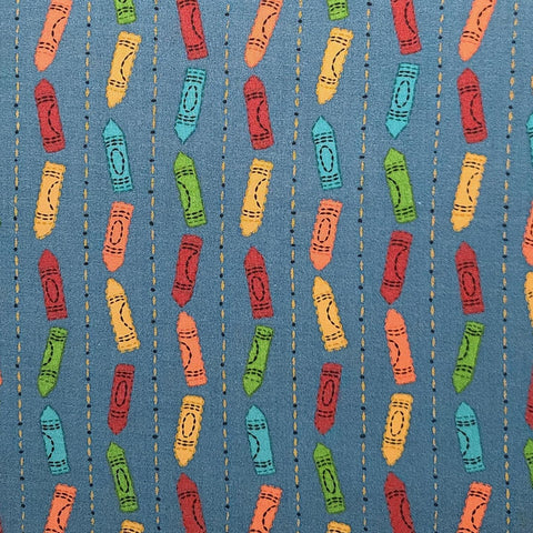 School Days Barri-Sue Gaudet for Four Corners Designs Nathan Fabrics - Denim Blue Fabric / Vertical Stitched Line / Multi-Color Crayon Print