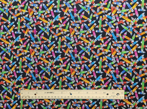 Timeless Treasures KIDZ-C5482 2003 - Black Fabric / Packed Tossed Brightly-Colored Pencil Print