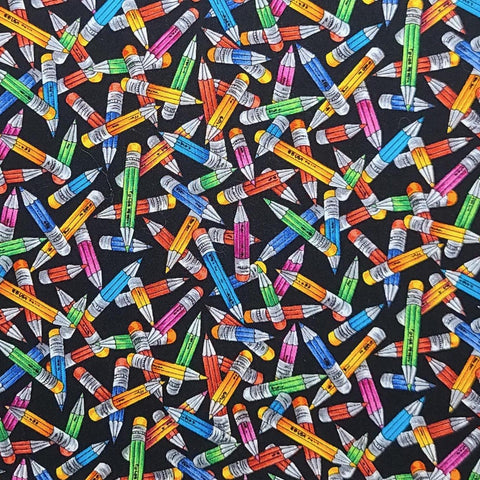 Timeless Treasures KIDZ-C5482 2003 - Black Fabric / Packed Tossed Brightly-Colored Pencil Print