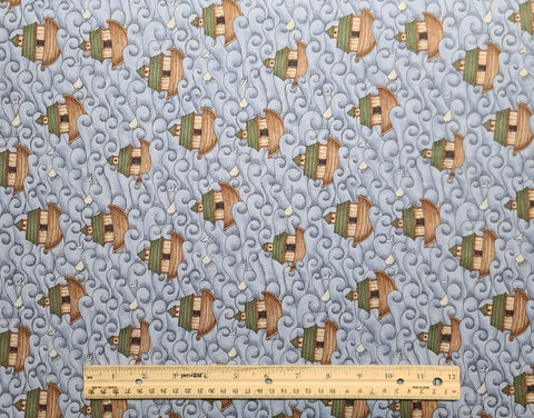 All Creatures Great & Small 5827 Kathy Schmitz Studio Moda - Light Denim Blue Tonal "Water" Print Fabric / Vertical Cartoon-Style Ark, Whale