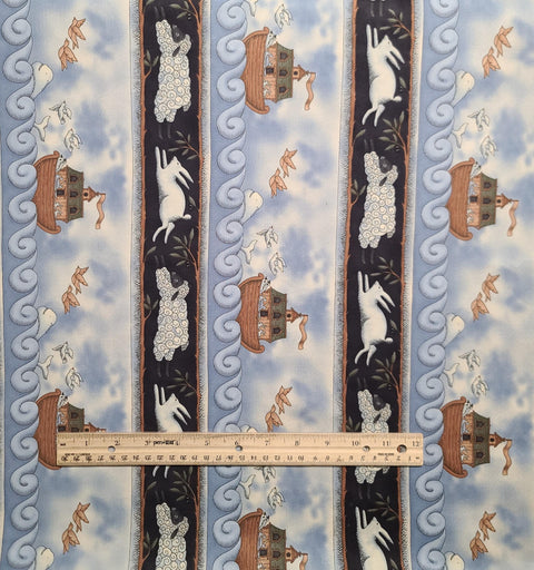 All Creatures Great & Small 5826 Kathy Schmitz Studio Moda - Light Denim Blue, Black Ark, Whale, Bird Border Stripe Fabric