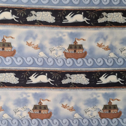 All Creatures Great & Small 5826 Kathy Schmitz Studio Moda - Light Denim Blue, Black Ark, Whale, Bird Border Stripe Fabric