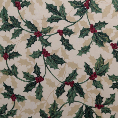 VIP Cranston Print Works - Pale Gold 58" WIDE Fabric / Medium Gold, Green, Red Holly Vine Print / Gold Metallic Accents