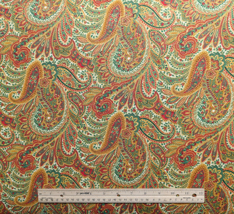 Woodland Splendor 2 D#7125 - Cream Fabric / Red, Green, Gold Paisley Angel Print / Gold Metallic Accents