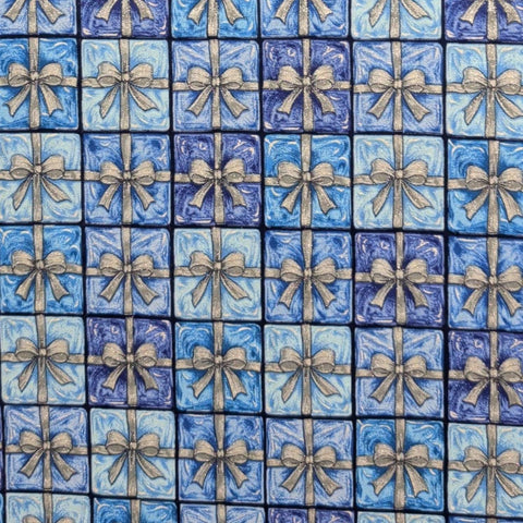 VIP Cranston Print Works - Multi-Color Blue Fabric / Gift Box, Gray Ribbon Print / Silver Glitter Accents