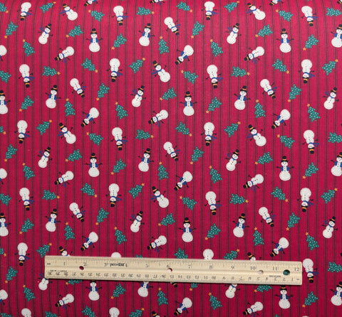 VIP Cranston Print Works - Dark Red Stripe Fabric / Tossed Snowman, Christmas Tree Print / Silver Metallic Accents